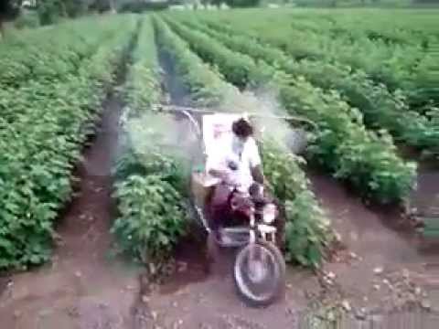 牛人用摩托车改装成自走式喷药机