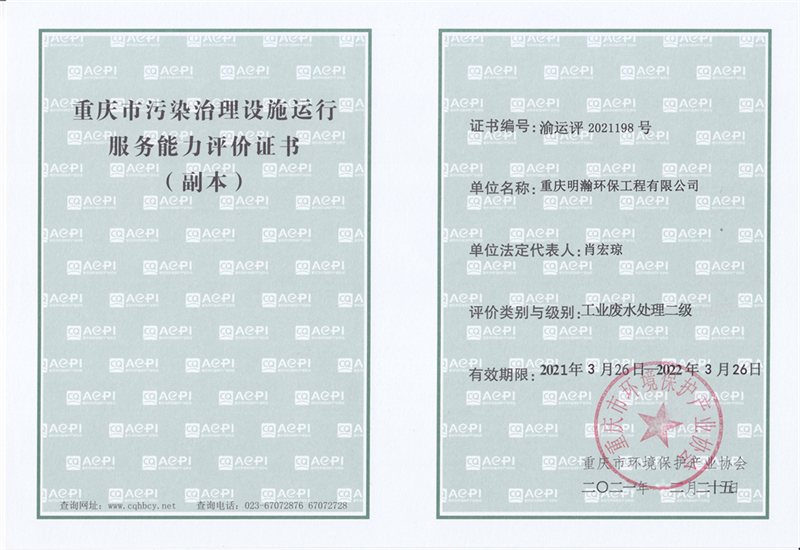 重庆市污染治理设施运行服务能力评比证书（副本）