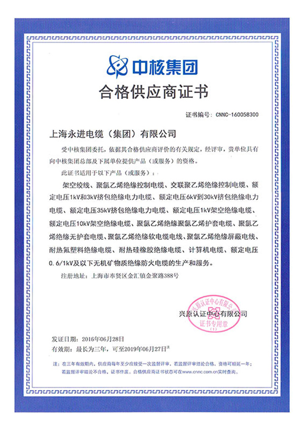 中核集团合格供应商证书